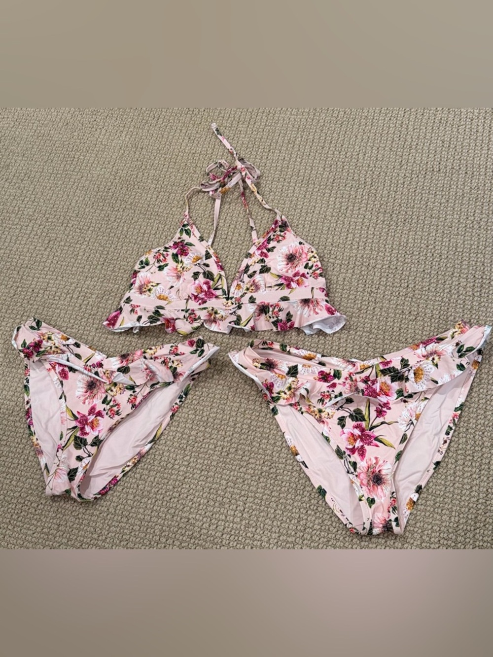 Hanky Panky Pink Floral Ruffle Halter Bikini Trio